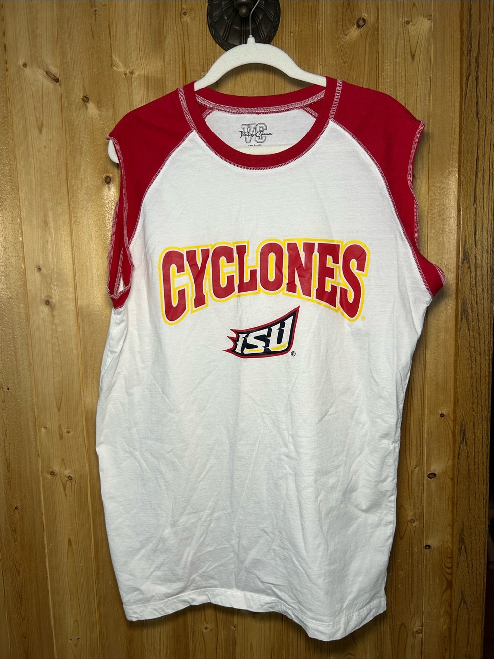 Men’s Varsity Classics ISU Cyclones Cutoff Style Cotton Tee White & Red Size XL